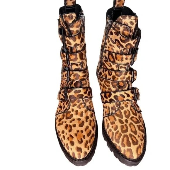 🐆 Dolce Vita Leopard Print Hair Combat Boots w/ Buckle Straps SZ 7 - Picture 4 of 9